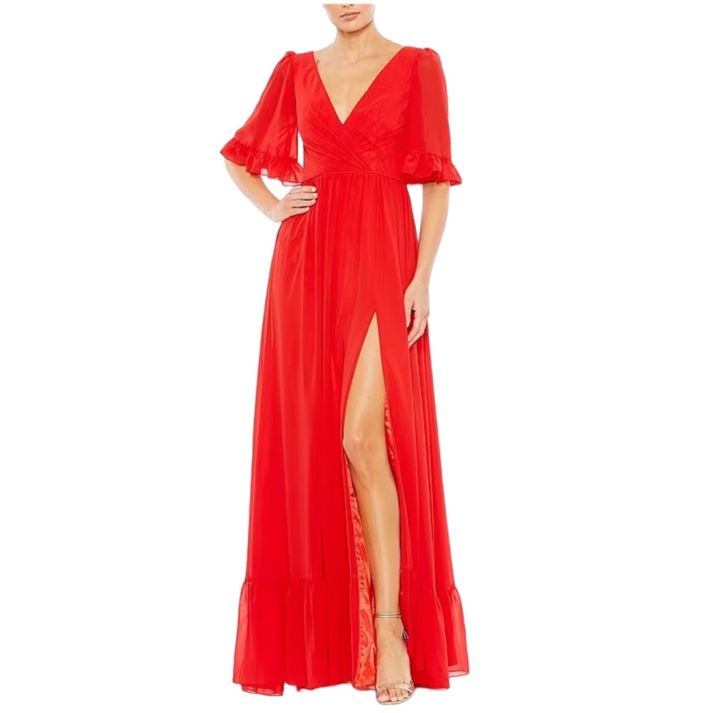 MacDuggal Ruffle Trim Faux Wrap Flutter Sleeve A line gown Cherry apple Red 20